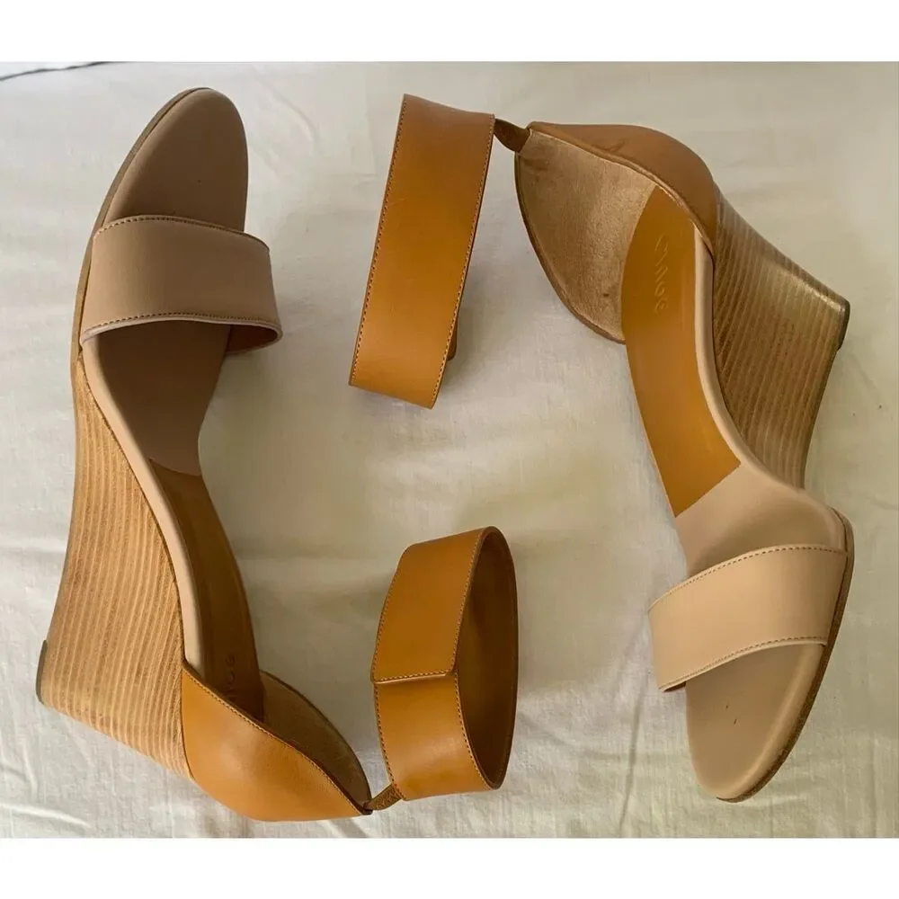 Chloe Gala tan Strappy Ankle Wedge Leather SANDALS Shoes sz 37.5